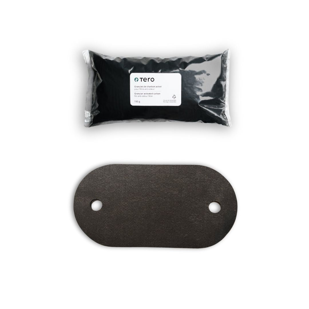 Tero's odor-blocking dust filter and activated charcoal pellet refill kit.